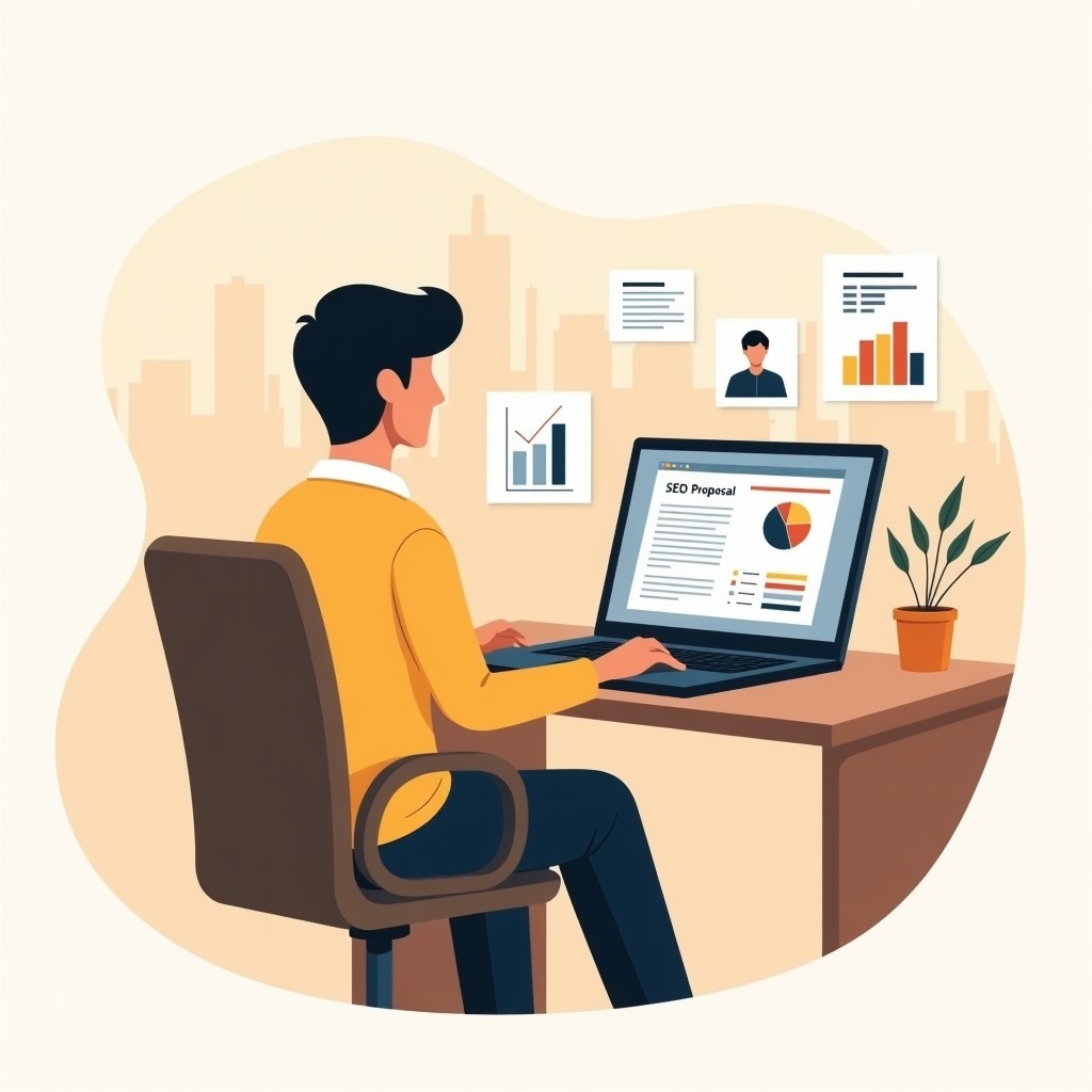 A man in a yellow sweater works on a laptop displaying an SEO Proposal with charts, surrounded by floating business graphics.