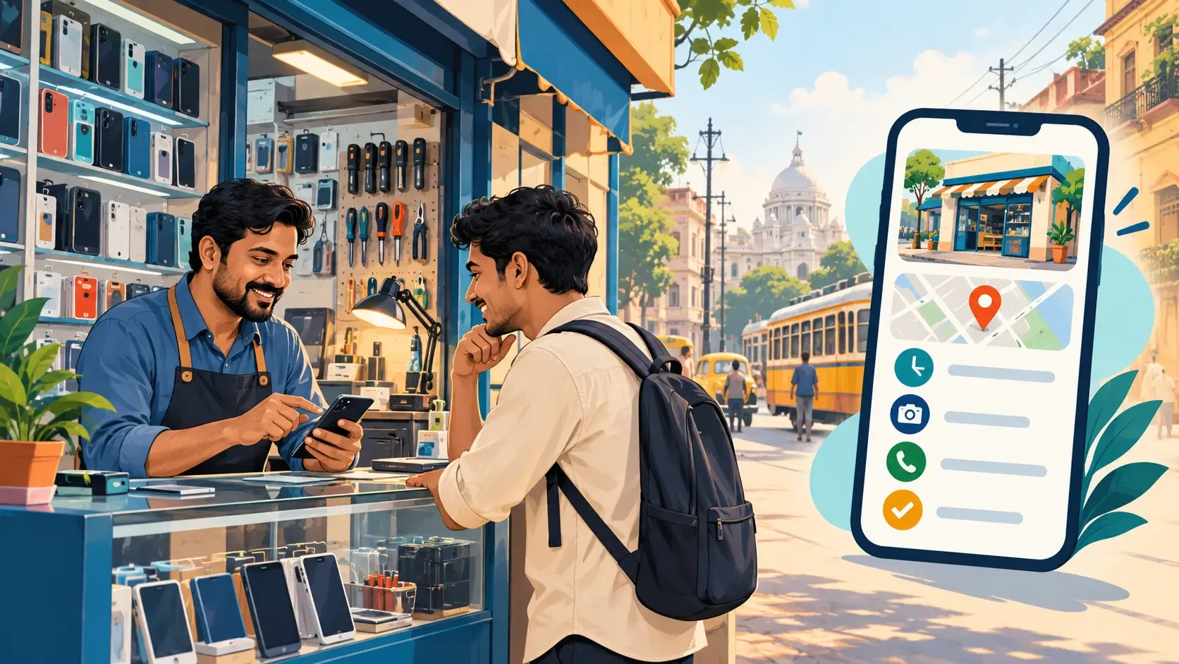 A man in a shop shows a customer a phone with a Google Business Profile checklist for Kolkata.