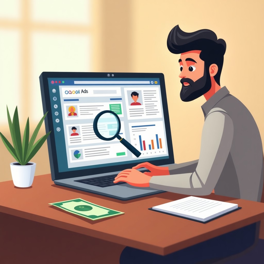 A bearded man examines an online ads dashboard on his laptop at a wooden desk.